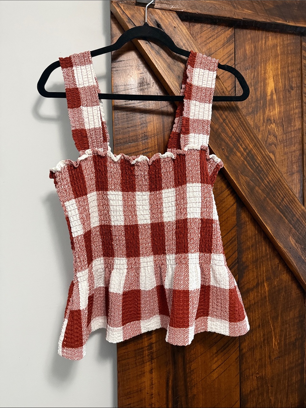 LOFT Red and White Gingham Peplum Camisole